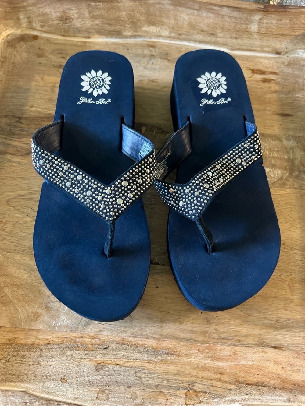 Yellow Box Navy Crystal-Studded Thong Sandals